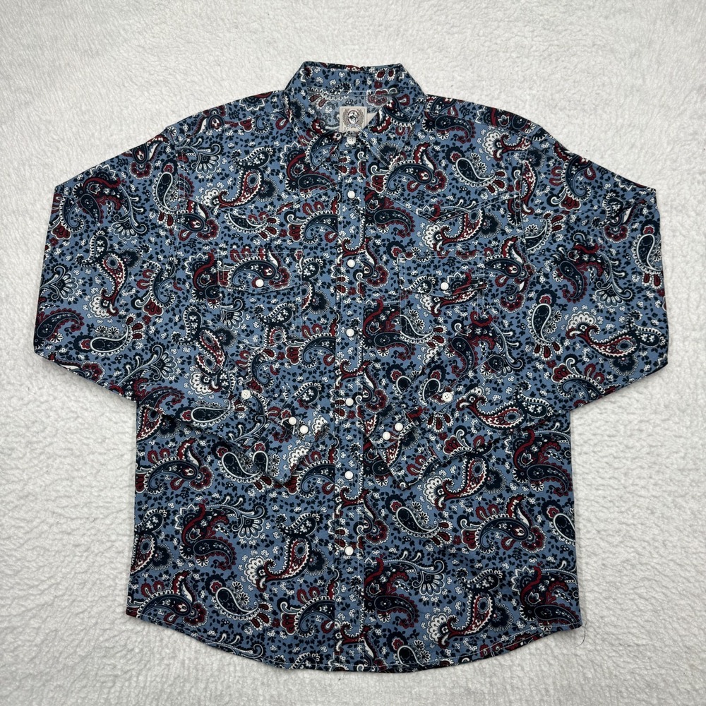Cinch Blue Paisley Button-Up Shirt with Red and White Paisley Accents
